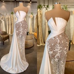 Sexy White Mermaid Prom Dresses Strapless Beaded Lace Appliqued Illusion Women Gowns Sweep Train Formal Evening Dress