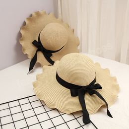 Summer Caps Black Ribbon Decorate Wavy Straw Hats Women Wide Brim Hat Beach Sun Cap