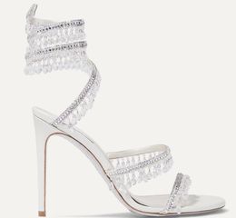 Perfect Bridal Luxury Designer Cleo embellished satin leather sandals Women High Heels Strappy Crystal Embellishments Bridal Dress Evening Gladiator Sandalias