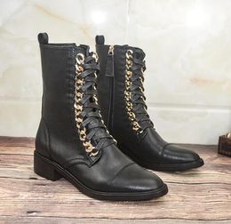 Genuine Leather Black Round Toe Cross Tied Gold Metal Chain Ankle Boots Women Leisure Low Heels High Top Short Booties Shoes