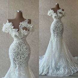 Sexy 2022 Mermaid Beach Wedding Dresses Bridal Gowns 3D Flower Pearls Lace Appliqued Sheer Neck Custom Made Vestido De Novia