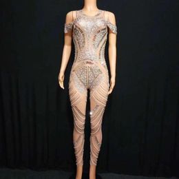 party bodysuits Canada - Women's Jumpsuits & Rompers Sexy See Through Crystal Sequin Party Jumpsuit Women Stretch Skinny Evening Prom Nightclub DJ Singer Bodysuit St