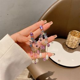 2022 New Spring Summer Purple Crystal Flower Long Tassel Dangle Earrings For Women