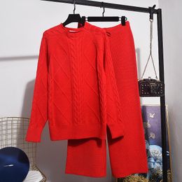 Women's Tracksuits Women Knitted Wide Leg Pants Set Spring Fashion Long Sleeve Red Woman Clothes Loose Casual 2 Piece TopsWomen's