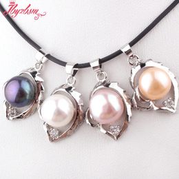 Pendant Necklaces 10mm Natural Round Freshwater Pearl Stone Beads Leaf White Tibetan Silver Fashion Style Women 1 Pc 15x18mm