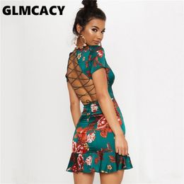 Women Green Criss Cross Back Frill Hem Shift Dress Streetwear Sheath Flora Print Short Sleeve Above Knee Mini Summer Party Dress 220509