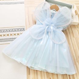 Kids sequins butterfly wings dresses sweet girls beaded falbala sleeve princess dress summer children pearls Bows party clothes S2070