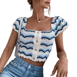 Women's T-Shirt 2022 Fashion Women Button Down Crop Tops Short Sleeve Wavy Striped Print Crochet Knit T-Shirts