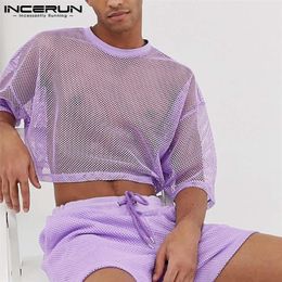 INCERUN Men Mesh Sets See Through Solid Colour Short Sleeve Crop Tops Shorts Streetwear Breathable Party Casual Men Suits 220602