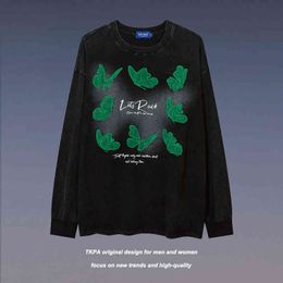 Tkpa American Hip Hop Butterfly Flocked Stickerei Langarm T-Shirt Herren und Damen Guochao Street Bf Casual Herbst Pullover