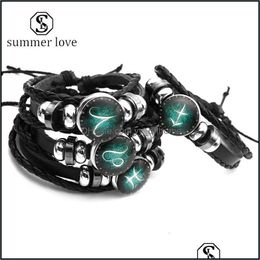 Link Chain Bracelets Jewellery 12 Constellation Luminous Leather Rope Bracelet Zodiac Signs Animals Sier Plated Glas Dhtke