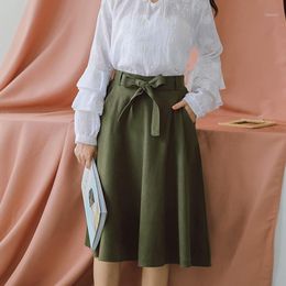 Skirts 2022 Autumn Spring Women A-Line Skirt Japanese High Waist Bow Girls Casual Solid Knee-Length Cotton Flare