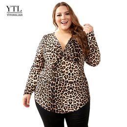 YTL Plus Size Blouses for Women Leopard Sexy Deep V Neck Long Sleeve Slim Tunic Top Large Size Blouses Women 5XL 6XL 7XL H088 220407