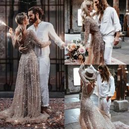 Sparkly Champagne Gold Sequins Wedding Dresses Bridal Gown Long Sleeves Scoop Neck V Back Sweep Train A Line Tulle Custom Made Plus Size Vestido De Novia 401 401