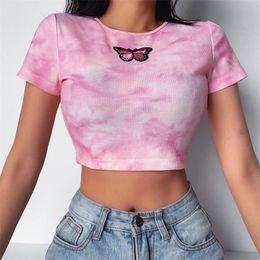 Butterfly woman sexy tie dye t-shirt pink clothes summer fashion vintage shirt soft girl aesthetic short sleeve shirt vintage 210311