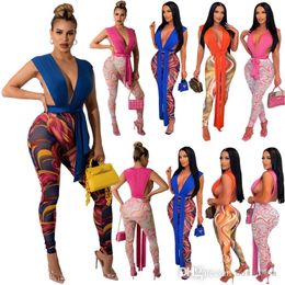 Women Fashion Two Piece Outfits Bandage V-neck Vest Printed Pants Set Nightclub Clothes