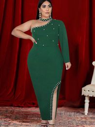 Plus Size Dresses Green Women Sexy One Shoulder Long Sleeve Bodycon Slit Evening Party Event Occasion Beads Prom Gown DressPlus