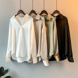 Satin Womens Clothing Silk s Vintage Blouse Office Lady Sheer Top Longsleeve Dress Shirt Ladies Overshirt 220720