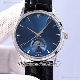 Master Ultra Thin 1368420 Moon Phase Automatic Mens Watch 39mm Steel Case Blue Dial Silver Stick Markers Leather Strap Calendar Watches 2022 Puretime JL-Y10D4