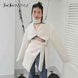 TWOTWINSTYLE Hollow Out Lambswool Coat For Women Turtleneck Long Sleeve Casual Jackets Female Winter Fashion Clothing 210517