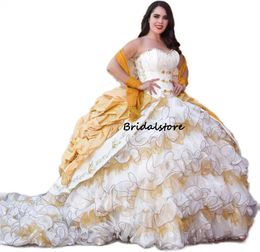 Luxury White With Gold Quinceanera Dresses Charro Tiered Ruffle Mexican Sweet 16 Years Old Birthday Party Gowns Dance Prom Wear Vestido De 15 Anos 2022 Robe De Bal