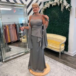 Grey Mother's Dresses With Scarf Bead Neck Empire Mother Of The Bride Dress Ruffles Tiere Waist Formal Evening Gown 326 326