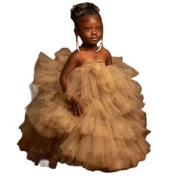 Khaki African Flower Girl Dresses Strapless Sleeveless Birthday Party Wear For Wedding Multilayered Ruffles Little Baby Pageant Gowns