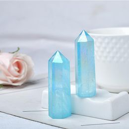 Decorative Objects & Figurines Natural Crystal Point Blue Aura Clear Quartz Healing Stone Meditation Reiki Obelisk Tower For Home Decoration