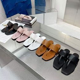 Women Mules Leather Sandal Square Head Sandals Flat Flip Flops Black White Summer Fashion Wide Flat Slipper With Box NO373