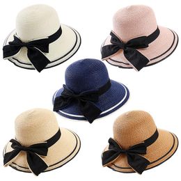 Berets Summer Wide Brim Panama Women Raffia Gorros Outdoor Vacation Sunscreen Straw Hat Woman Beach Sun Hats Bow Folding Caps 2022