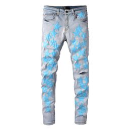 Mens Fashion 22SS Jeans Luxurys Designer Slim-leg Jeans Five Star Biker Pants Distressed Water Diamond Stripes Denim Trousers Top Quality Size 29-40 I8U3