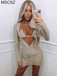 Sexy Sequin Mini Dress V-Neck Long Sleeve Glitter Party Dress Women Drawstring Ruched Bodycon Dress 2 Piece Sexy Outfits T220816