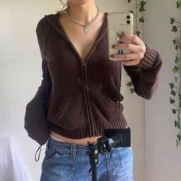 Solid Colour Zip Up Knit Hoodies Female Autumn Long Sleeve Wild Drawstring Hooded Sweatshirts Casual Slim Rib Outwear Y220810