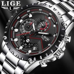 LIGE Fashion Mens Watches Top Luxury Brand Silver Stainless Steel 30m Waterproof Quartz Watch Men Army Military Chronograph 220530