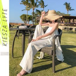 Strapless jumpsuits Summer High Waisted Wide Leg Pants Beach Holiday White Long Jumpsuits 210608