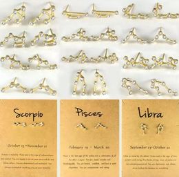 Women Twelve Constellation Earring Stud Gold Color Inlaid Rhinestones Zodiac Screw Piercing Ear Decor Jewelry