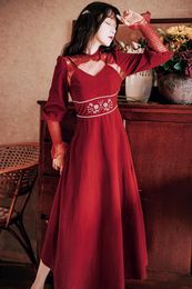Casual Dresses High-End Runway 2022 Women Spring Autumn Elegant Party Red Lace Dress Maxi Long Vestidos Vintage Robe Zf30