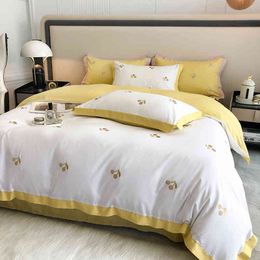 Simple Embroidery Long Staple Cotton Pure Bedding Four Piece Set Light Luxury All Quilt Cover Bed Sheet Universal in