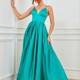 Sexy V Neck Satin Evening Dresses Spaghetti Strap Side Slit Prom High Waist Gowns Party Robe de soiree 220510