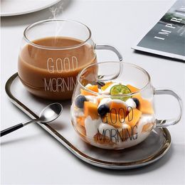 Letter Printed Transparent Creative Glass Coffee Tea Mug Drinks Dessert Breakfast Milk Cup Glass Mugs Handle Drinkware 20220513 D3