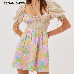 Ruched Square Collar Puff Sleeve Floral Print Dress French Slim Waist A line Elegant Women Holiday Dresses Vestido 220511