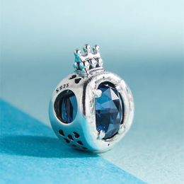 S925 Sterling Silver Beads Clear and Blue Sparkling Crown O Charms fit Original Pandora Charm Bead Bracelets DIY Pendant For Jewelry Making 798266CZ 798266NMB