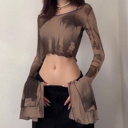 Sexy See Trough Crop Top Y2K Vintage Graphic Print Mesh Sheer T-shirt Long Flare Slim Fit Tee Women Clothes