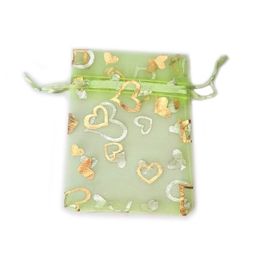 200Pcs Gold Heart Organza Drawstring Bags Gift Wrap Wedding Favour Bag 7X9 cm Multi Colours