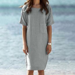 Women's Vests 38# Womens Summer Dress Short Sleeve Linen Loose A-line Party Sundress Pocket Black Vintage Plus Size Dresses Luci22