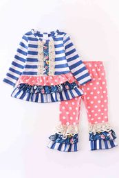 Girlymax Fall/Winter Baby Girls Stripe Dots Romper Toddler Pants Cotton Ruffles Set Boutique Sister's Wear Kids Clothing