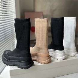 Luxury Graffiti Knit Tread Slick Boot Designer Women Boots Fashion Black Boot Ribbed Knit Sock Upper High Top Sock Boots With Box NO386