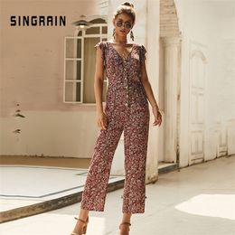 SINGRAIN Chiffon Floral Jumpsuits Women Long Pants V Neck Wide Leg Pants Rompers Loose Holiday Bohemian Summer Print Overalls T200107