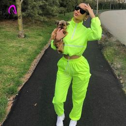 Neon Green 2019 Women Zip Turtleneck Long Sleeve Hooded and Jogging Pants Suits 2 Pieces Matching Set Sportwear Tracksuit Outfit CX220427