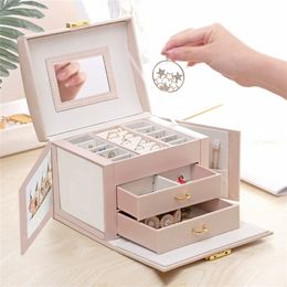 Large Three Layers Drawer Type Storage Earrings Ring Necklace Jewellery Organiser Box Waterproof PU Makeup 210309